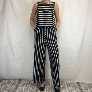Zenana Women’s Striped Stretch Jumpsuit Romper Pockets XL Black White